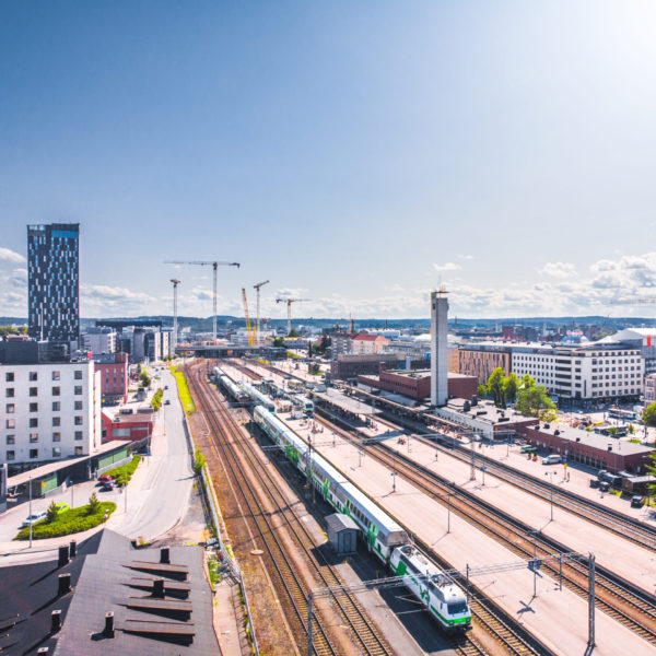 Tampere train station railway drone view